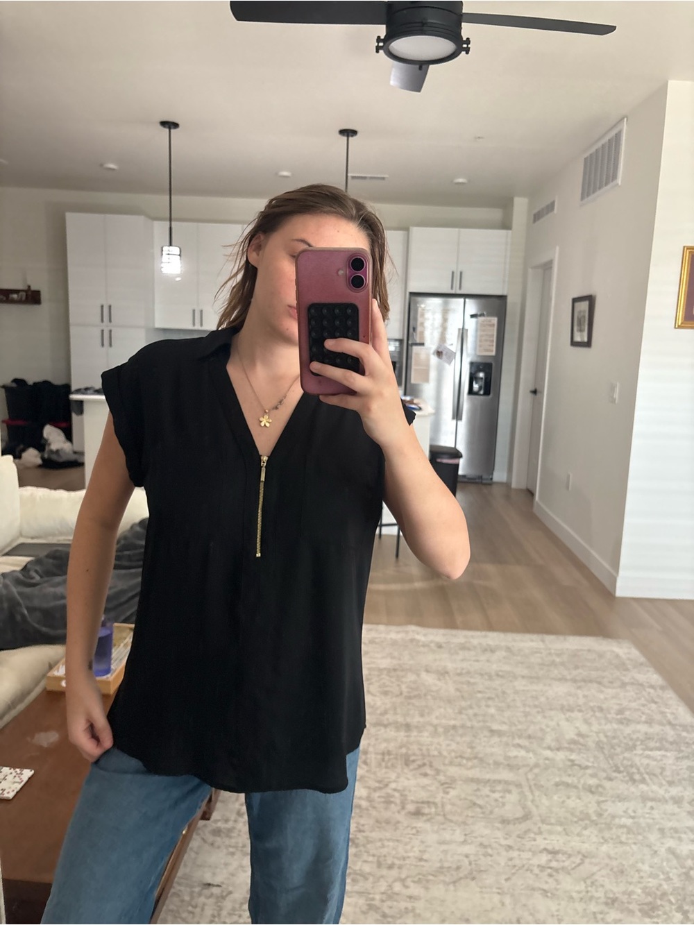 Express Black Short Sleeve Zip-Front Blouse